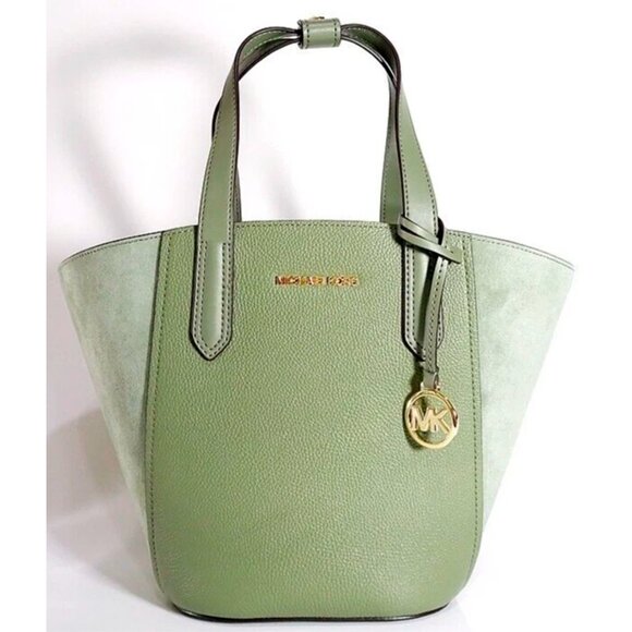 S Michael Kors Portia Small Tote Army Green Leather Suede 35F1GPAT1S $358 - Picture 1 of 8
